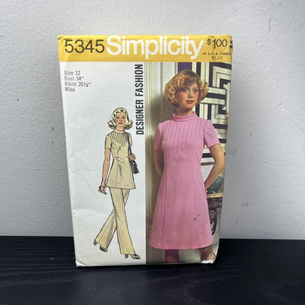 Vintage 1972 Simplicity 5345 Sewing Pattern Misses Dress Tunic Pants Size 12 Bus